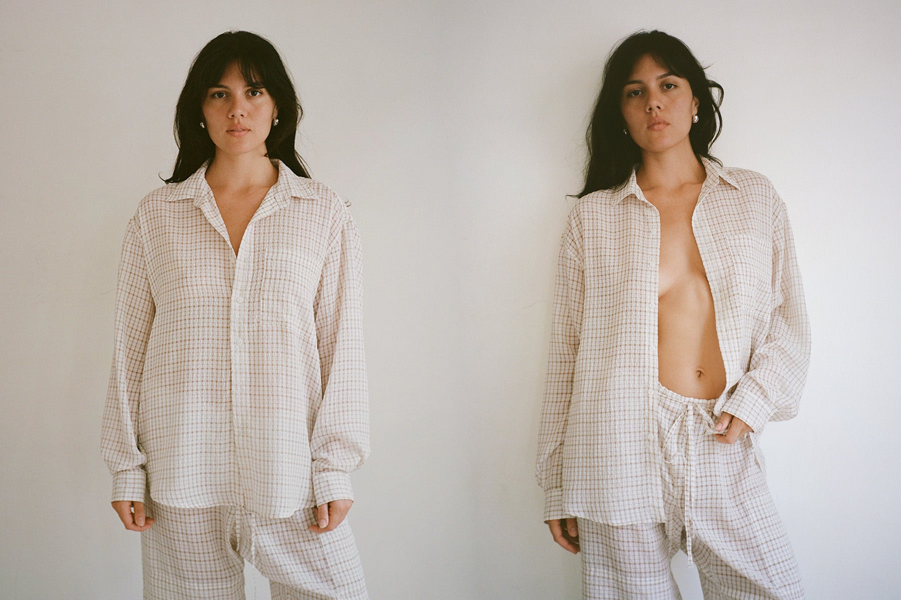 Plaid Crinkle Big Button Up - White/Tan