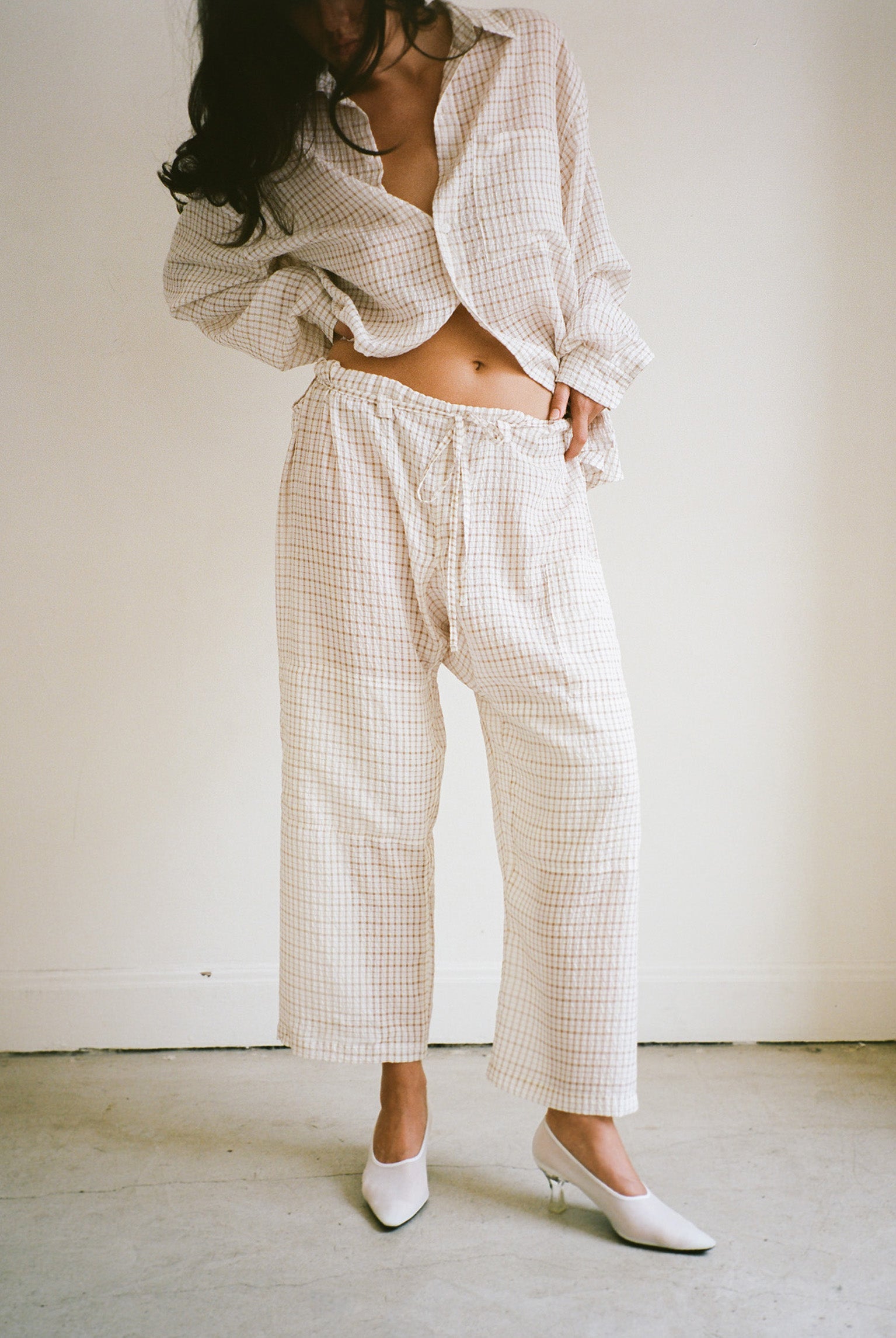 Plaid Crinkle Lou Pant - White/Tan
