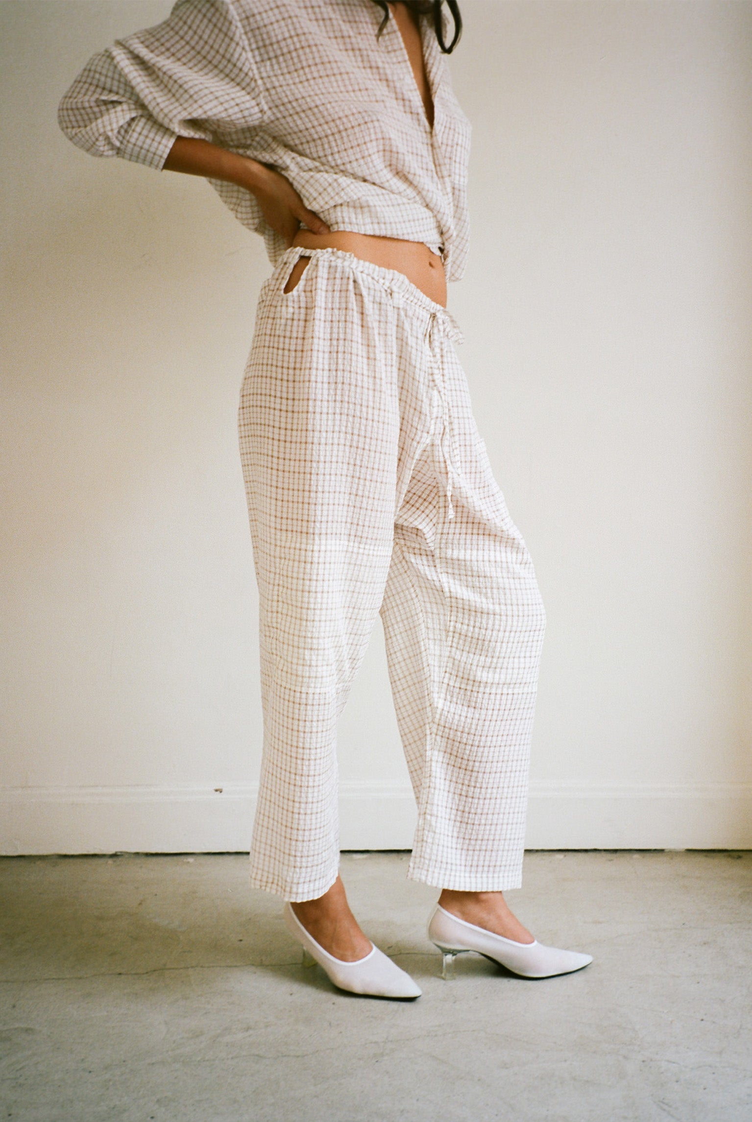 Plaid Crinkle Lou Pant - White/Tan