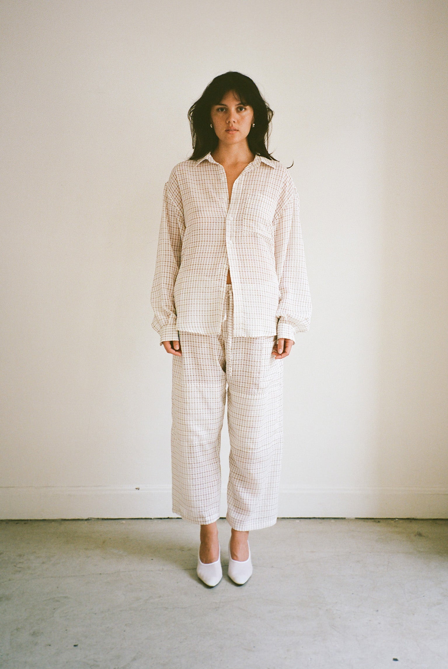 Plaid Crinkle Lou Pant - White/Tan