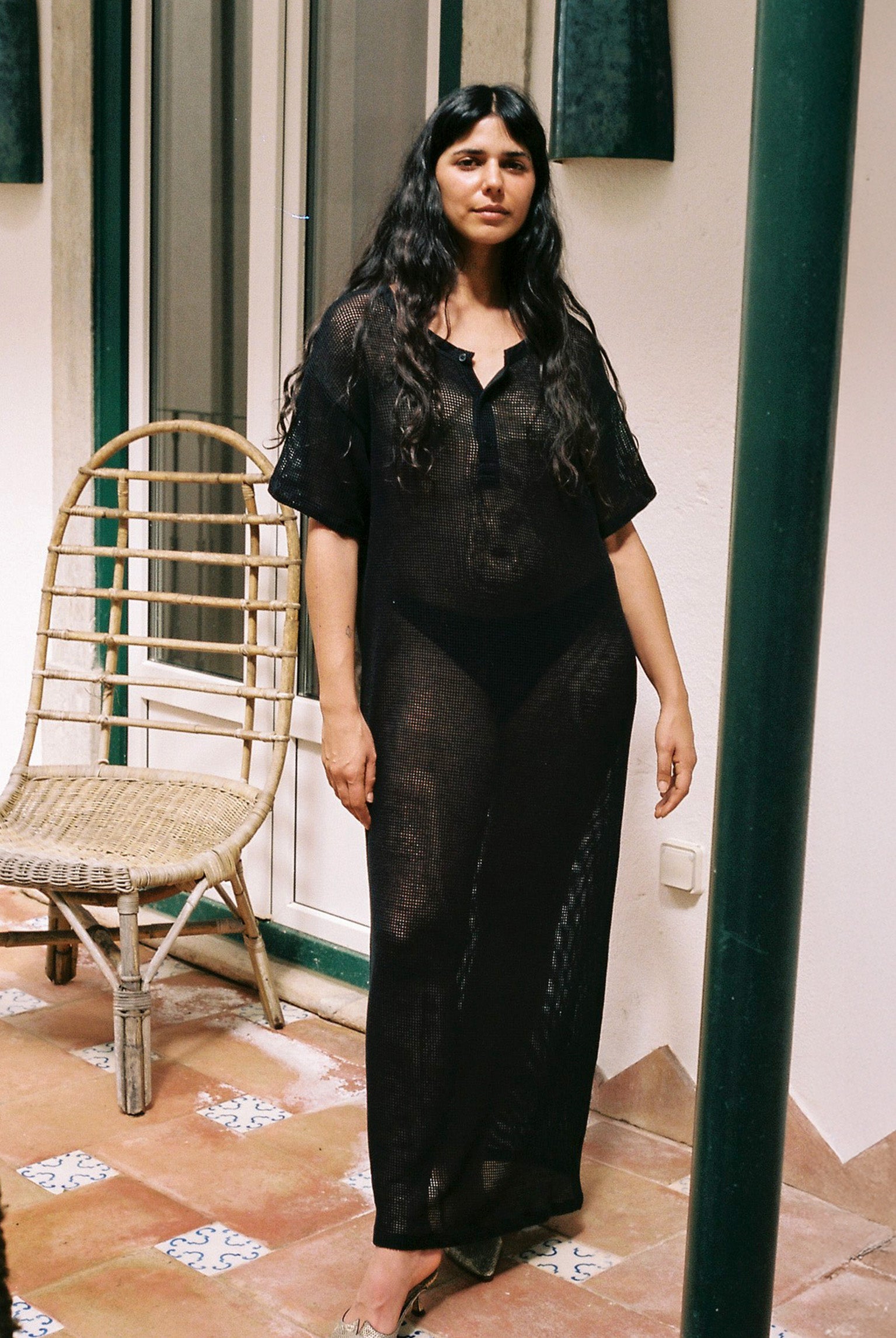 Grid Mesh Long Tunic - Black