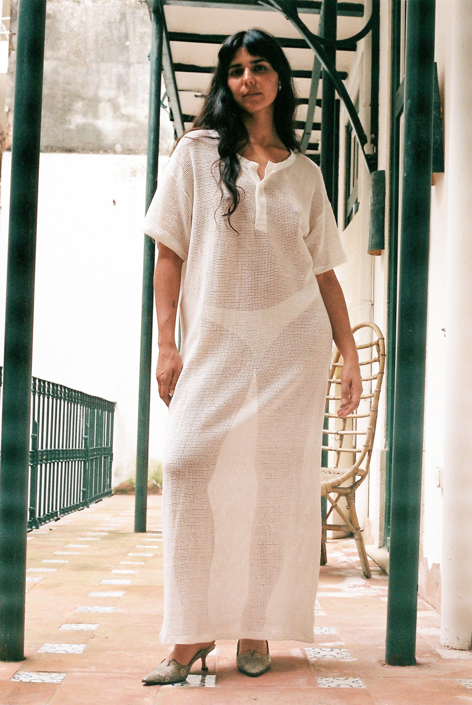 Grid Mesh Long Tunic - White