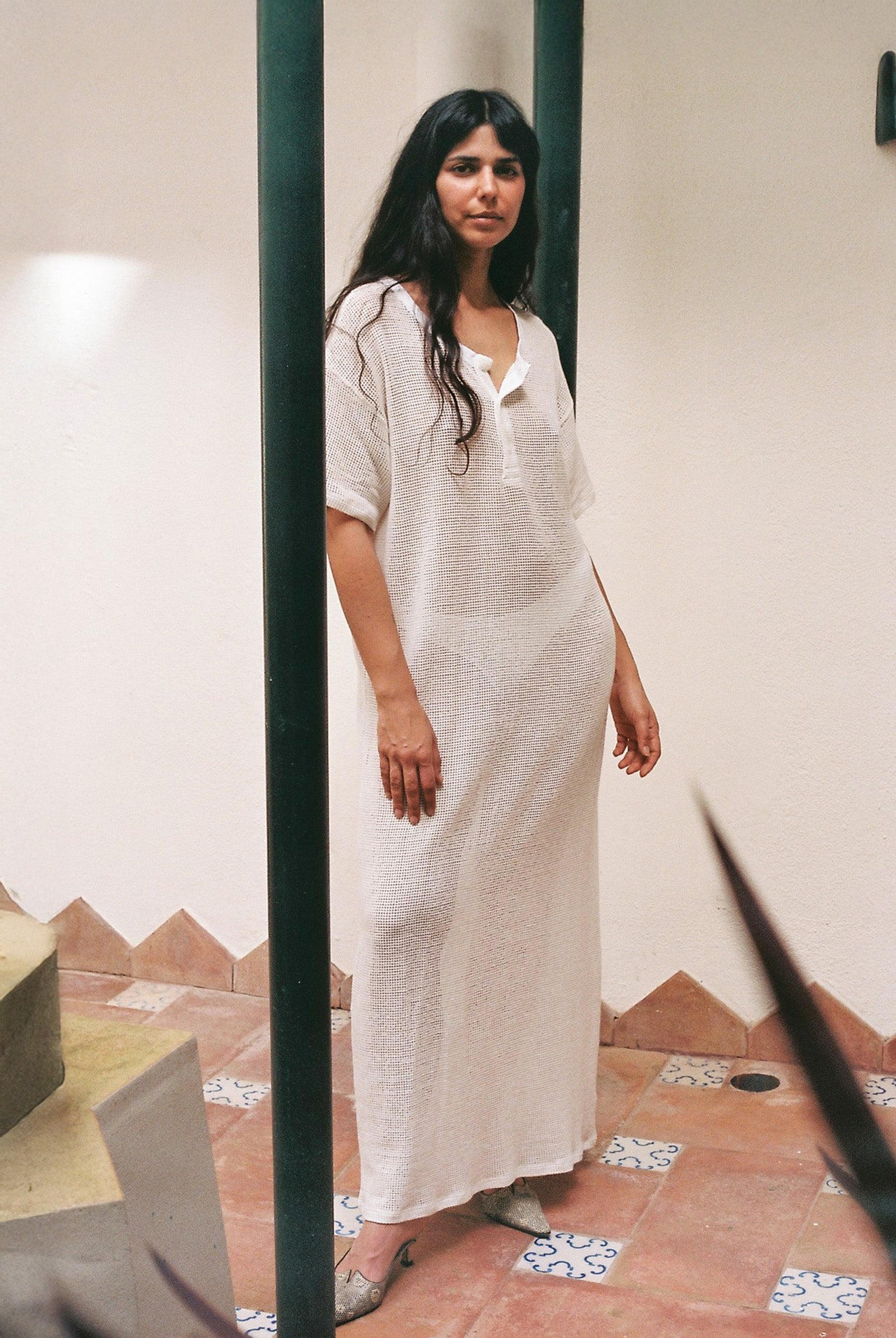 Grid Mesh Long Tunic - White