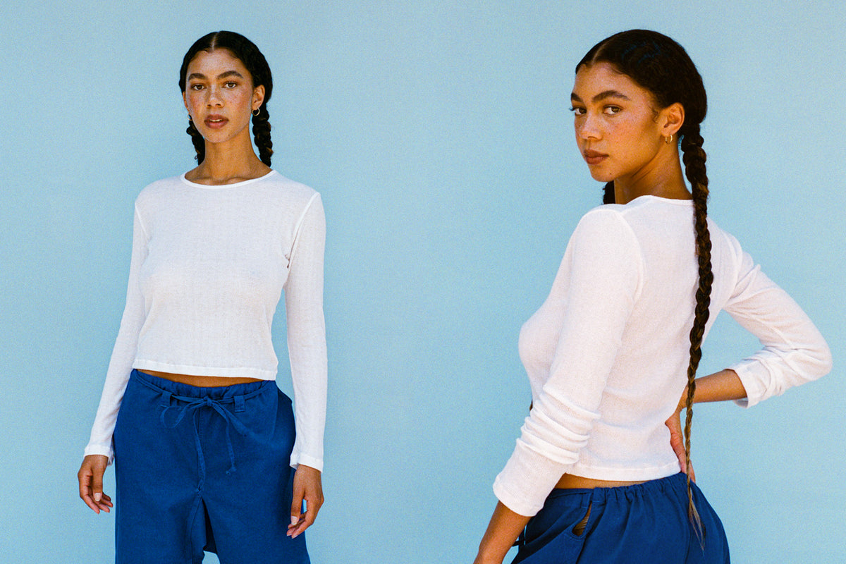 Pointelle Perla Long Sleeve Tee - White | GIL RODRIGUEZ